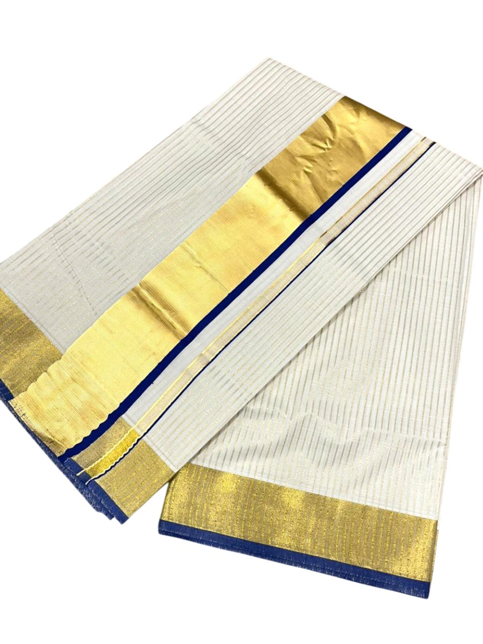 Southloom Kerala Cotton Kasavu Saree with Stripes on Body In Blue Border SL351