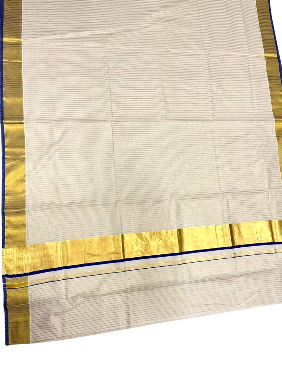 Southloom Kerala Cotton Kasavu Saree with Stripes on Body In Blue Border SL351