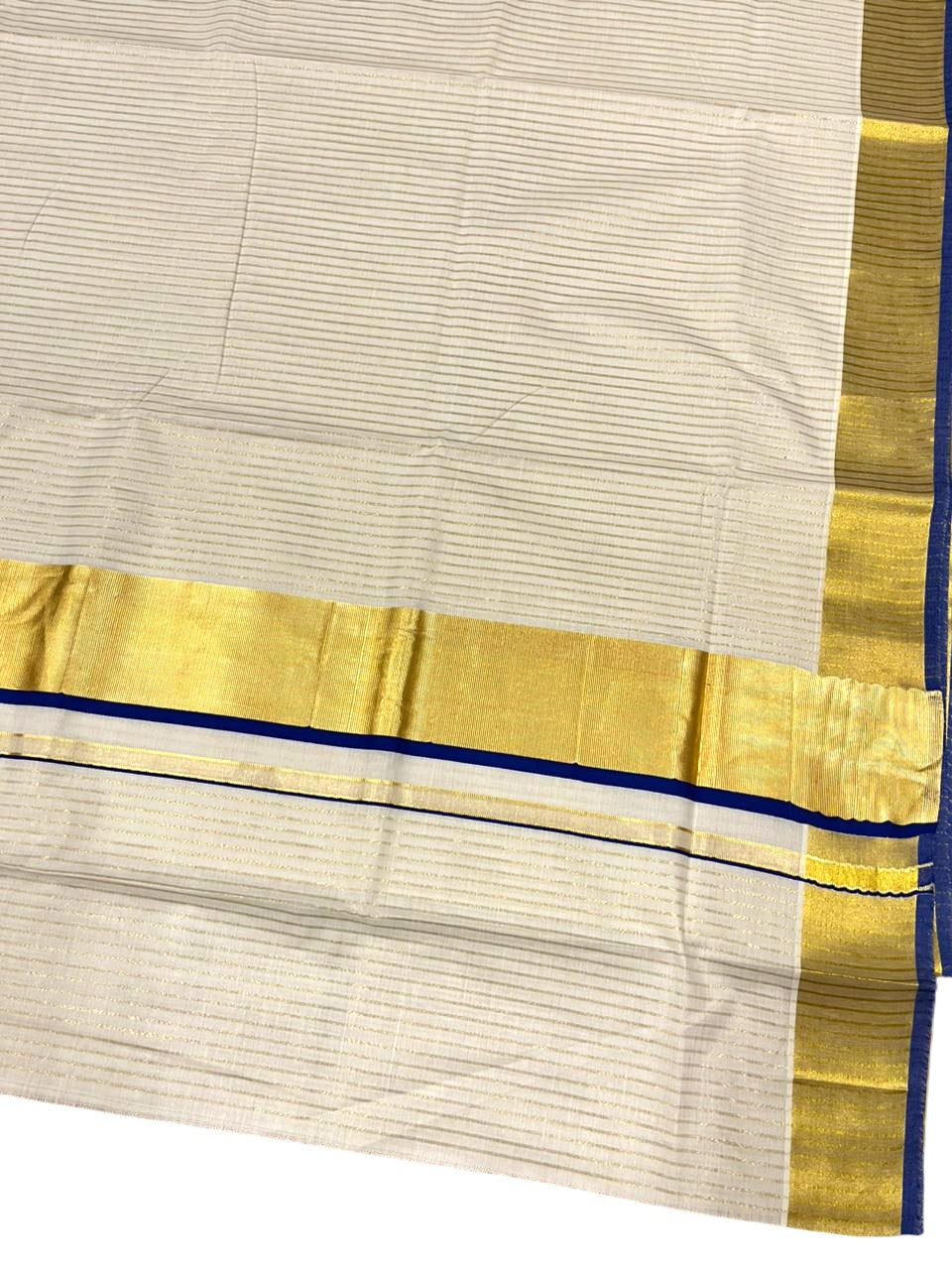 Southloom Kerala Cotton Kasavu Saree with Stripes on Body In Blue Border SL351