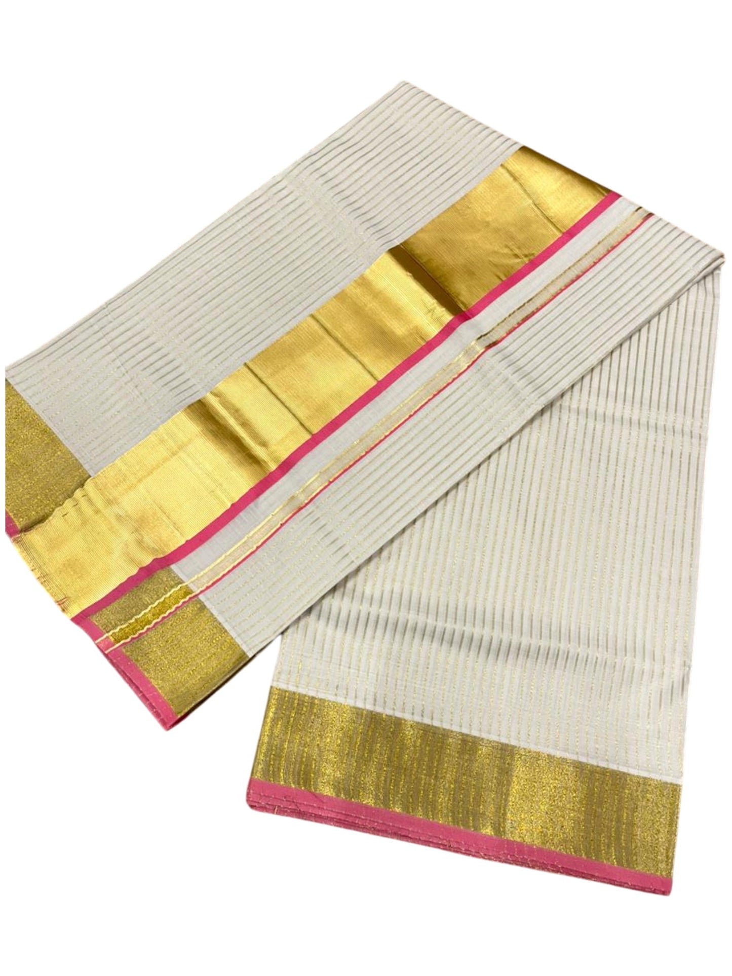 Southloom Kerala Cotton Kasavu Saree with Stripes on Body In Pink Border SL351