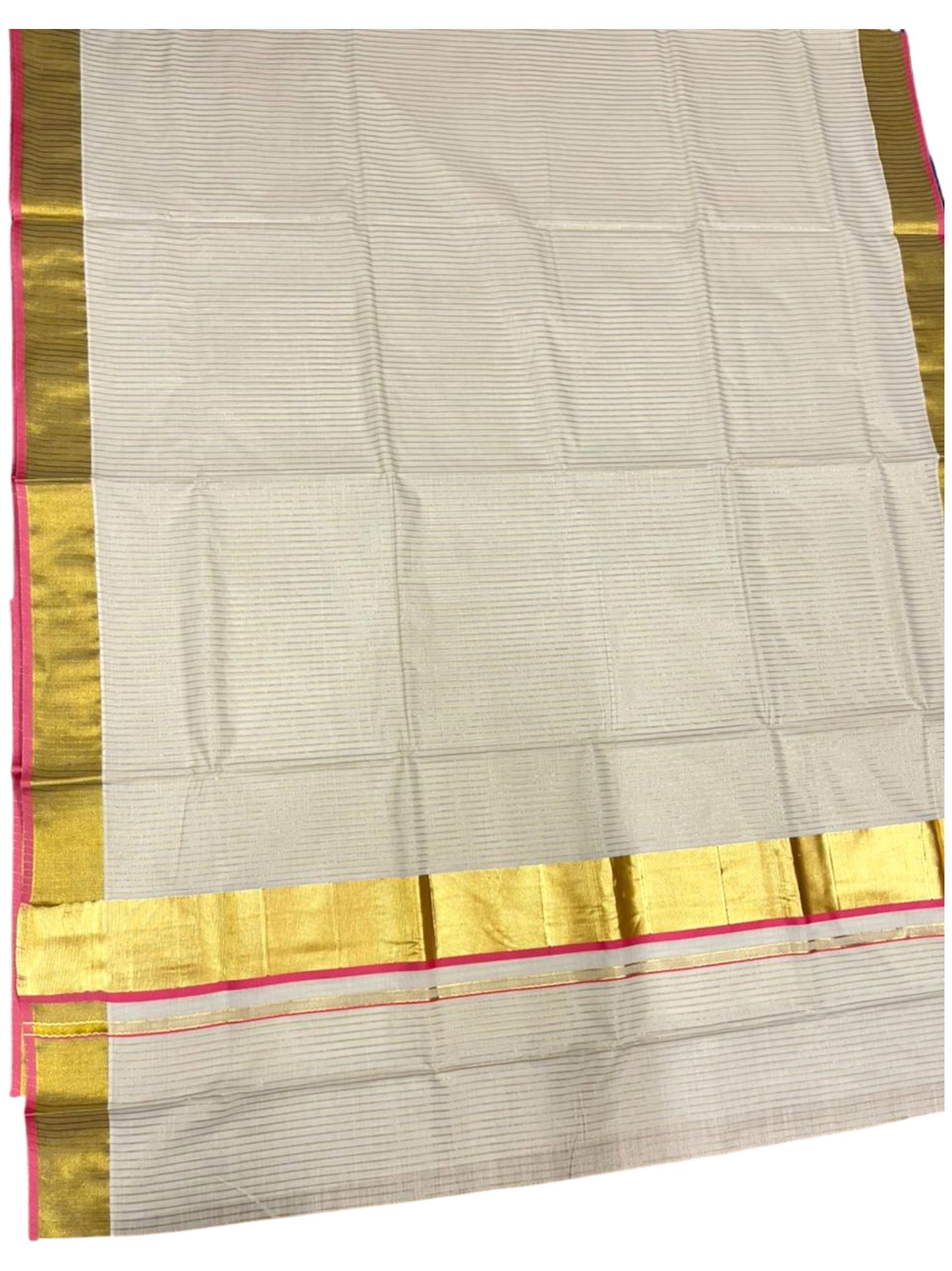 Southloom Kerala Cotton Kasavu Saree with Stripes on Body In Pink Border SL351