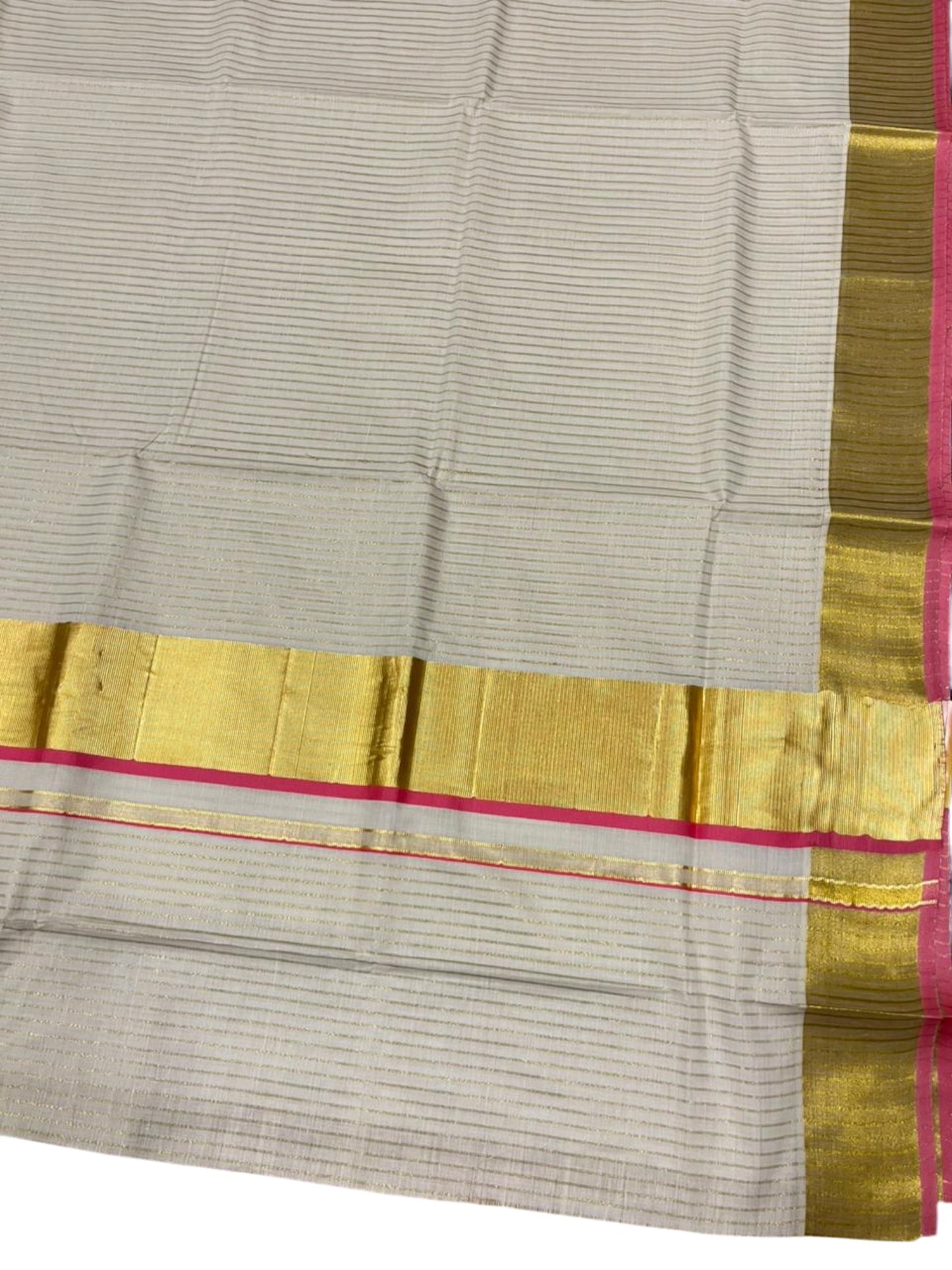 Southloom Kerala Cotton Kasavu Saree with Stripes on Body In Pink Border SL351
