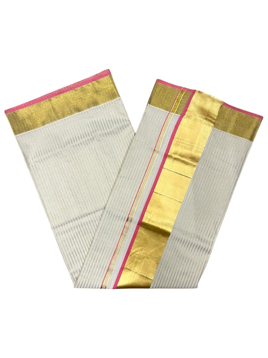 Southloom Kerala Cotton Kasavu Saree with Stripes on Body In Pink Border SL351