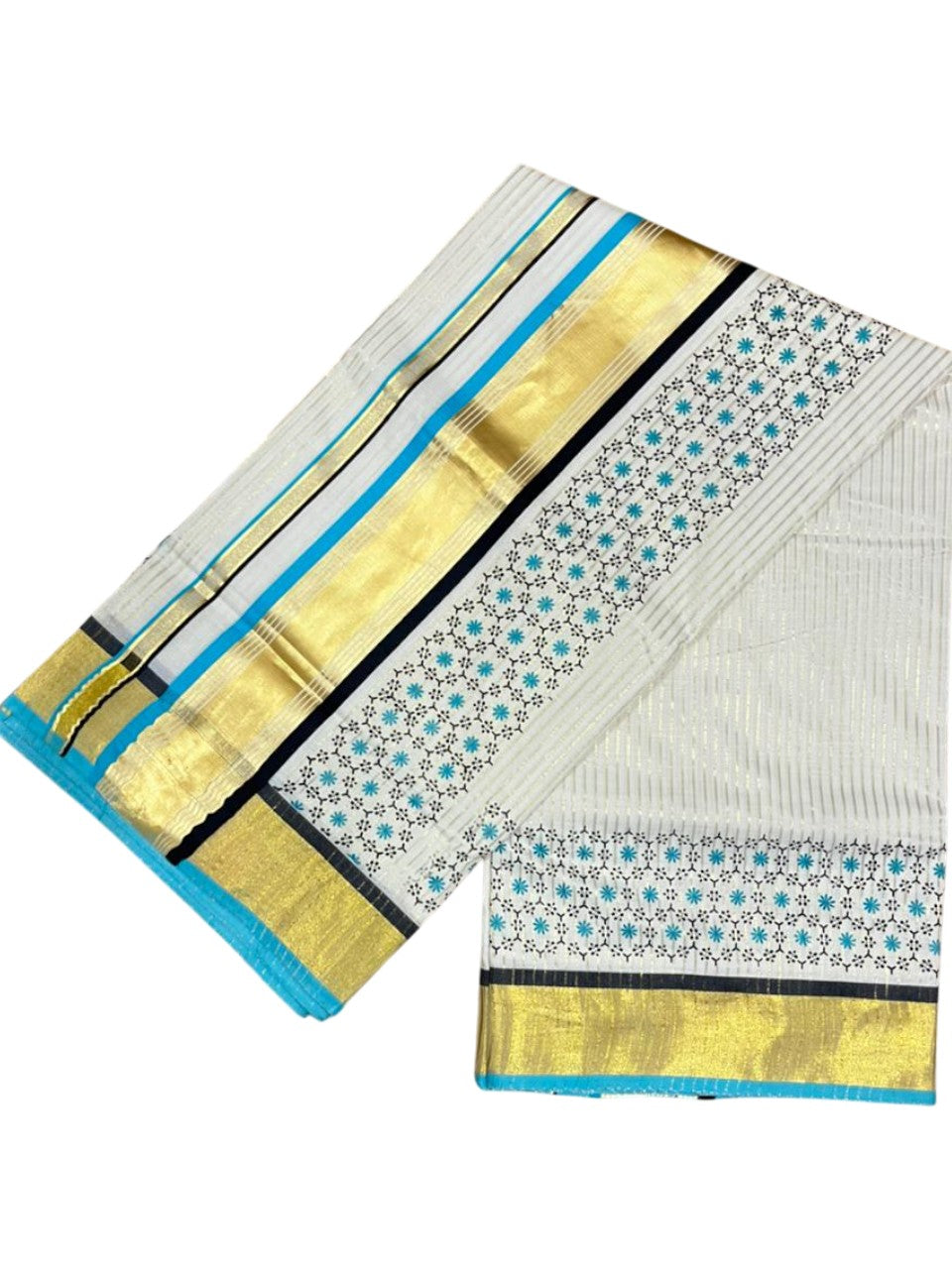 Southloom Kerala Cotton Kasavu Saree with Stripes And Floral Design on Body In Turqouise Border SL357