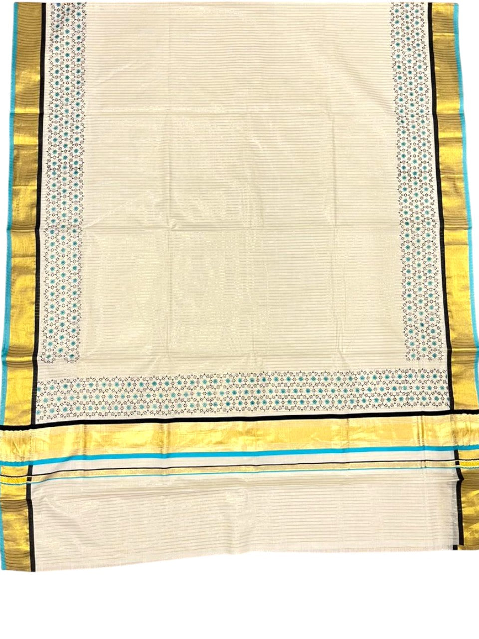 Southloom Kerala Cotton Kasavu Saree with Stripes And Floral Design on Body In Turqouise Border SL357