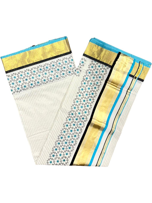 Southloom Kerala Cotton Kasavu Saree with Stripes And Floral Design on Body In Turqouise Border SL357