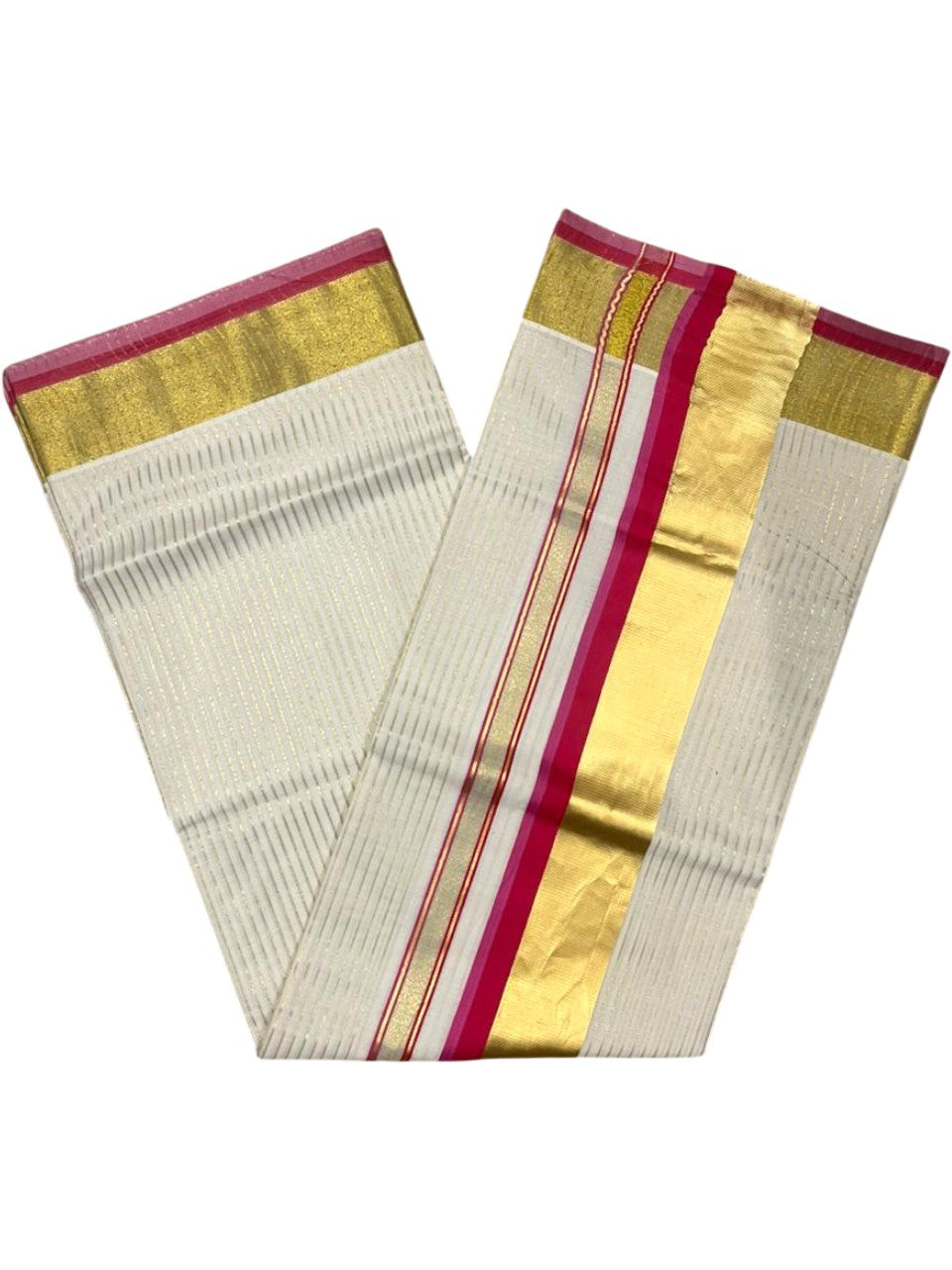 Southloom Kerala Cotton Kasavu Saree with Stripes on Body In Pink And Magenta Border