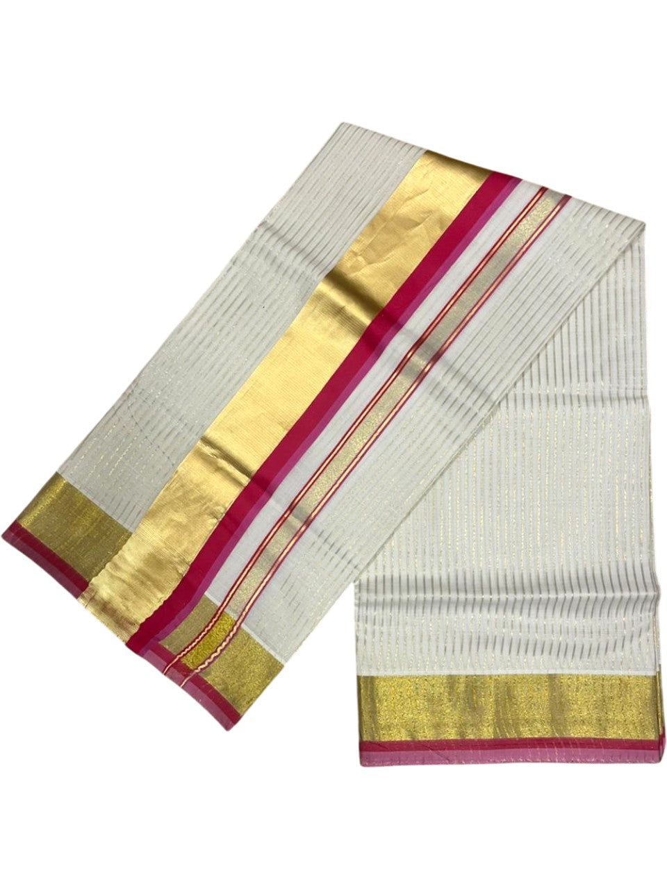 Southloom Kerala Cotton Kasavu Saree with Stripes on Body In Pink And Magenta Border