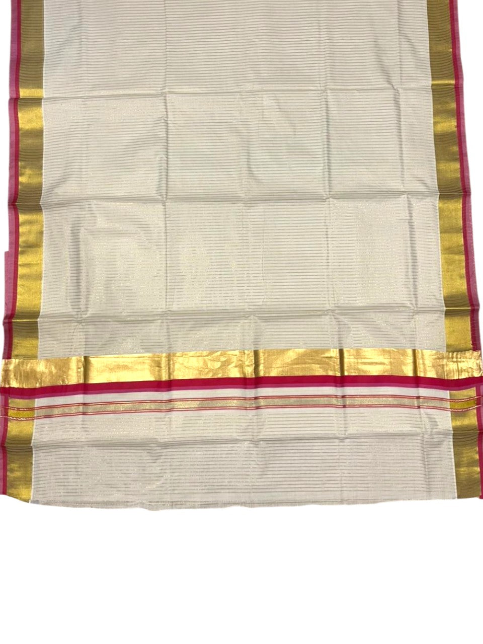 Southloom Kerala Cotton Kasavu Saree with Stripes on Body In Pink And Magenta Border