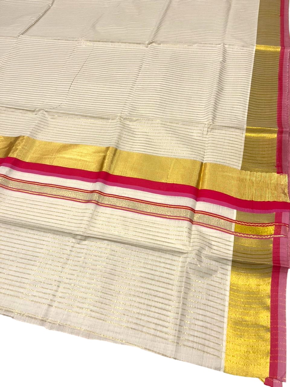 Southloom Kerala Cotton Kasavu Saree with Stripes on Body In Pink And Magenta Border