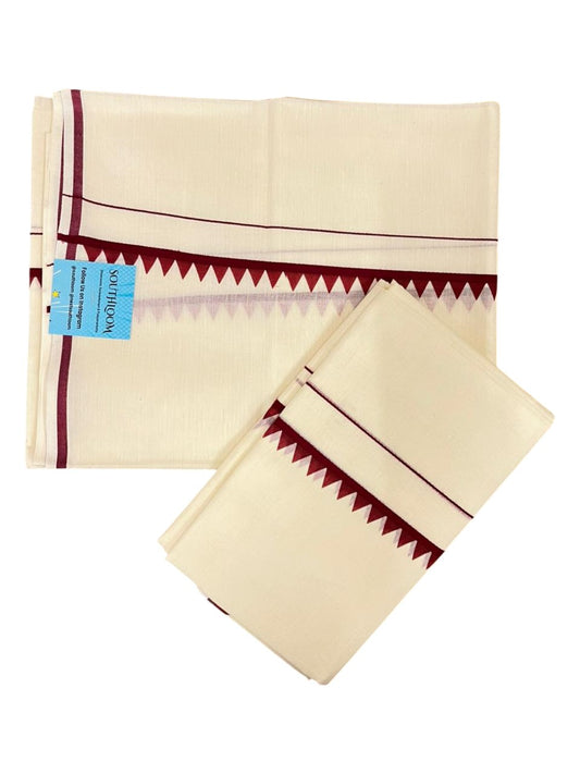 Southloom Pure Cotton Kerala Single Set Mundu (Mundum Neriyathum) with Temple Design in Maroon 2.80 Mtrs SL360