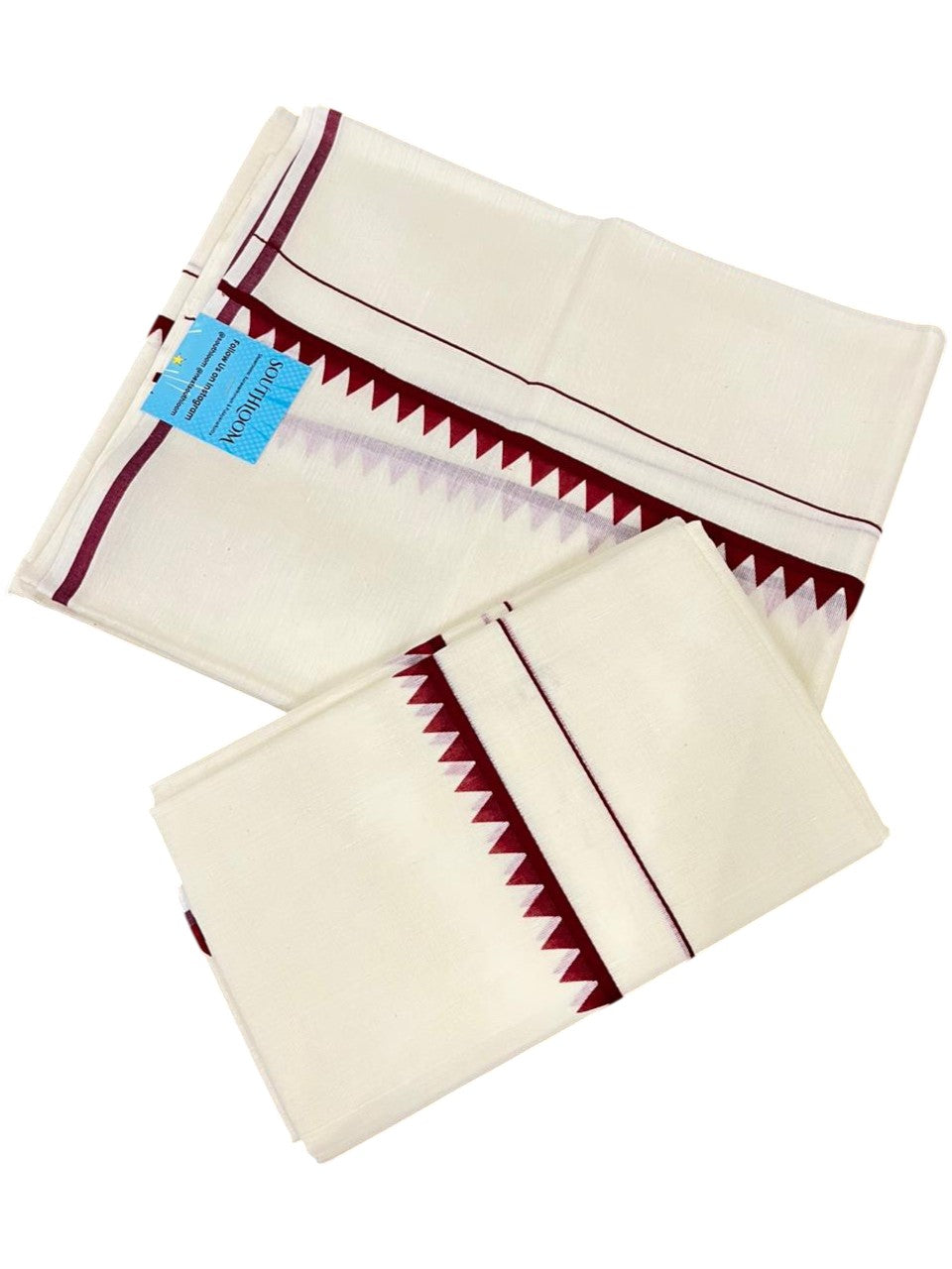 Southloom Pure Cotton Kerala Single Set Mundu (Mundum Neriyathum) with Temple Design in Maroon 2.80 Mtrs SL360