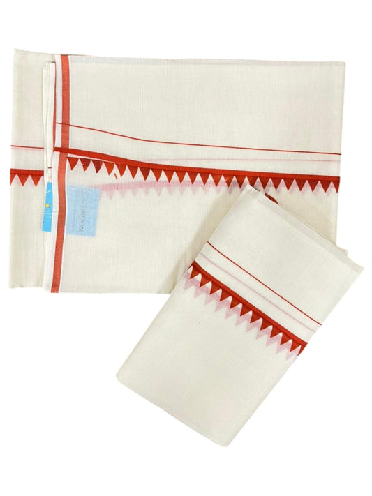 Southloom Pure Cotton Kerala Single Set Mundu (Mundum Neriyathum) with Temple Design in Orange 2.80 Mtrs SL360