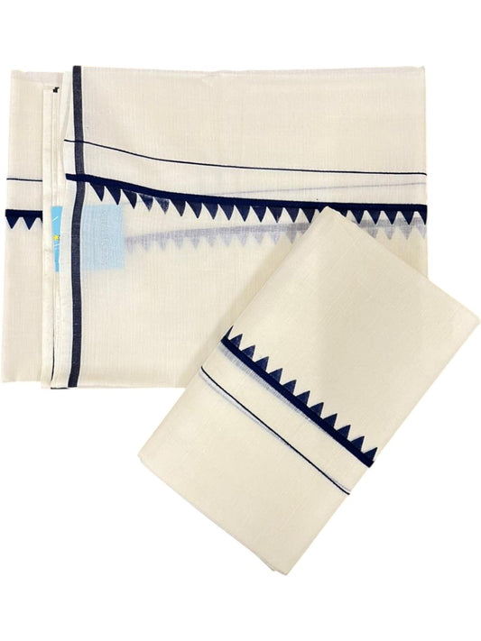 Southloom Pure Cotton Kerala Single Set Mundu (Mundum Neriyathum) with Temple Design in Blue 2.80 Mtrs SL360