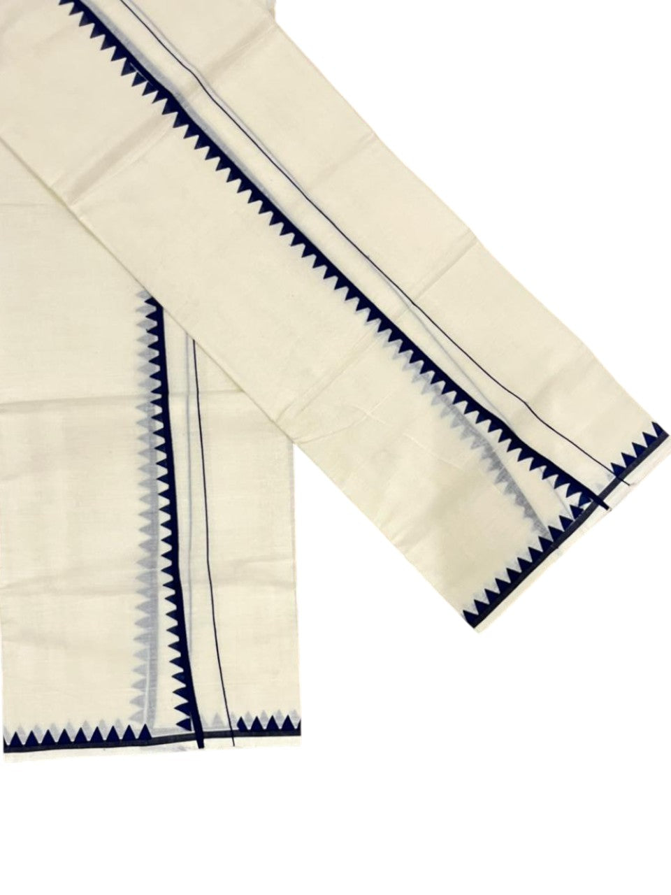 Southloom Pure Cotton Kerala Single Set Mundu (Mundum Neriyathum) with Temple Design in Blue 2.80 Mtrs SL360