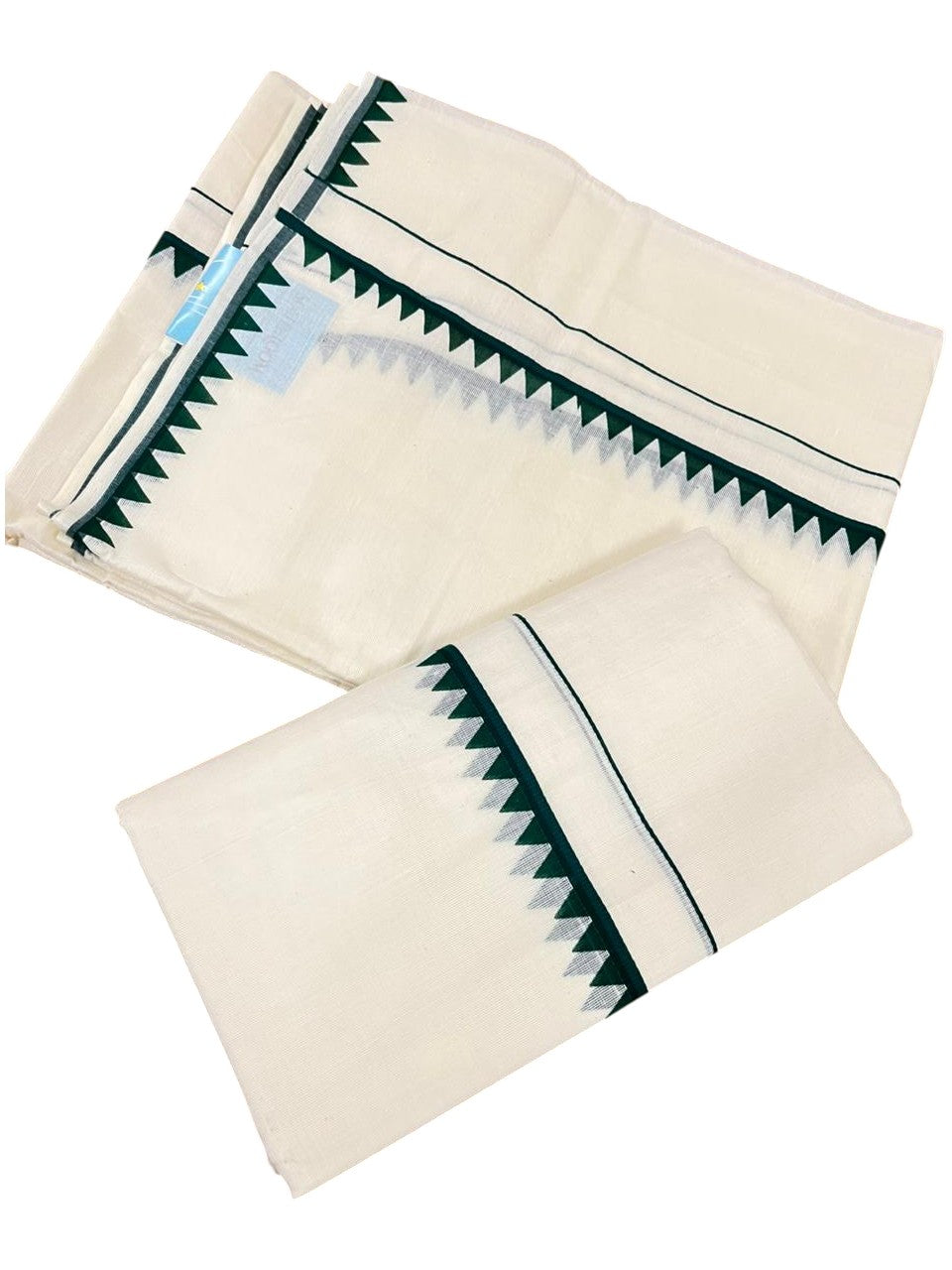 Southloom Pure Cotton Kerala Single Set Mundu (Mundum Neriyathum) with Temple Design in Green 2.80 Mtrs SL360