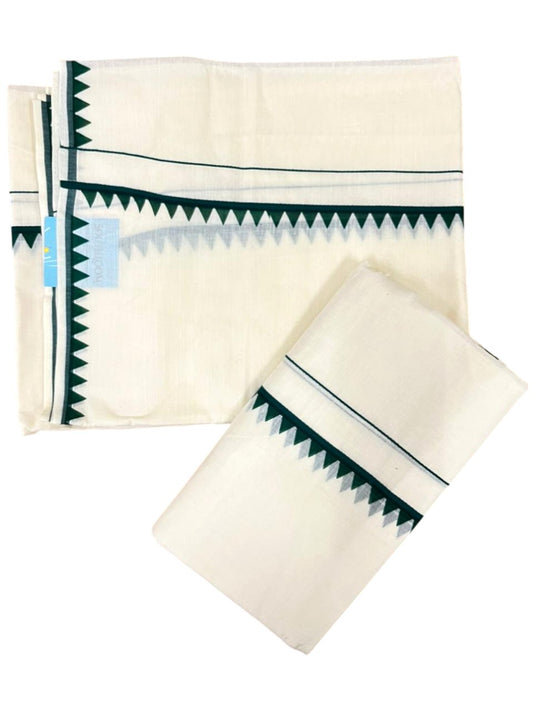 Southloom Pure Cotton Kerala Single Set Mundu (Mundum Neriyathum) with Temple Design in Green 2.80 Mtrs SL360