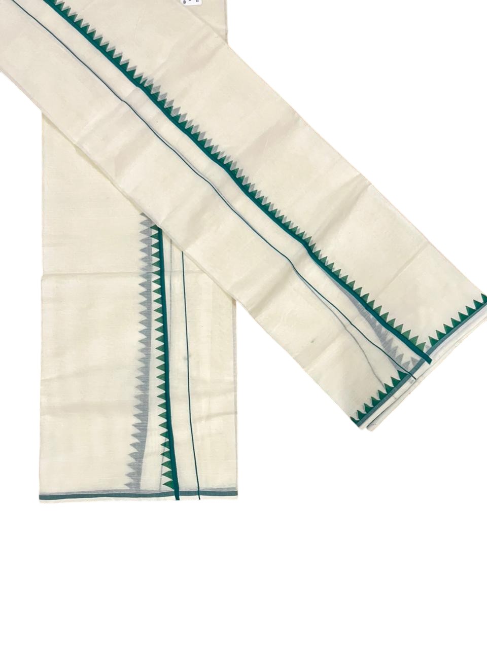 Southloom Pure Cotton Kerala Single Set Mundu (Mundum Neriyathum) with Temple Design in Green 2.80 Mtrs SL360