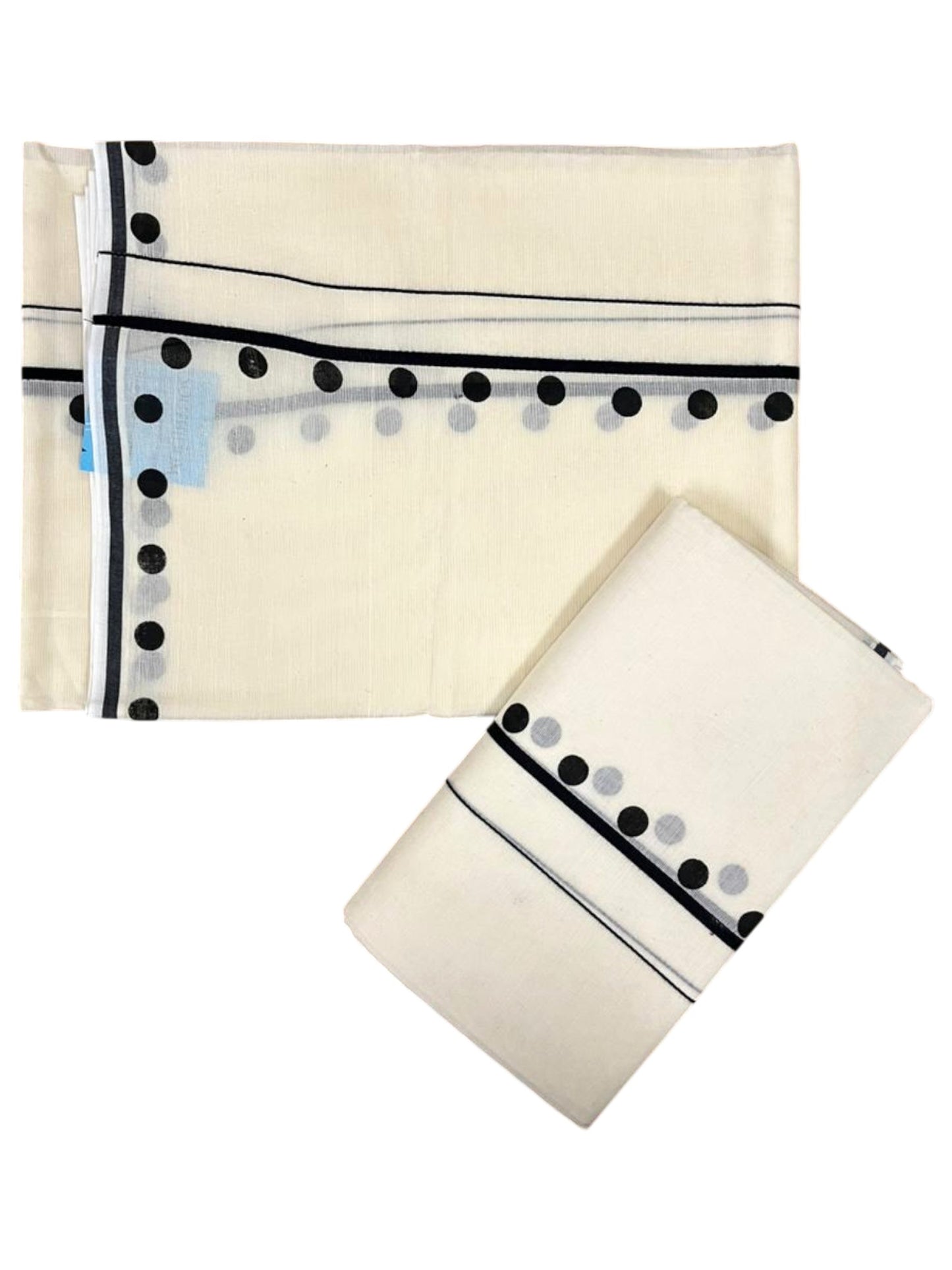 Southloom Pure Cotton Kerala Single Set Mundu (Mundum Neriyathum) with Polka Dots in Black 2.80 Mtrs SL358