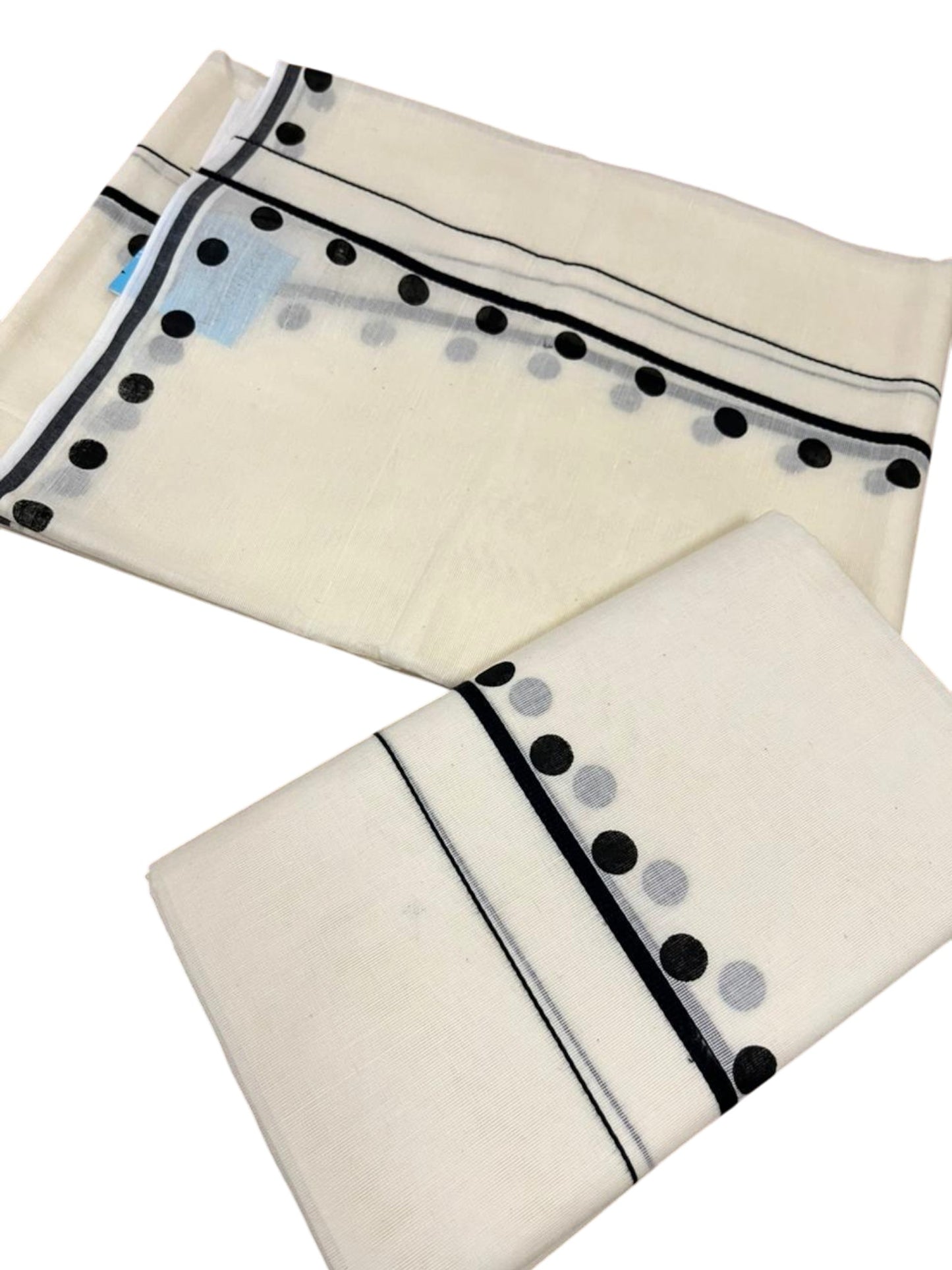Southloom Pure Cotton Kerala Single Set Mundu (Mundum Neriyathum) with Polka Dots in Black 2.80 Mtrs SL358