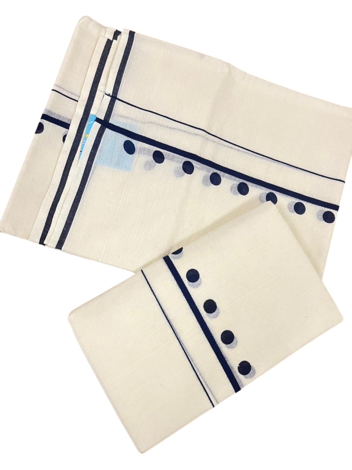 Southloom Pure Cotton Kerala Single Set Mundu (Mundum Neriyathum) with Polka Dots in Blue 2.80 Mtrs SL358