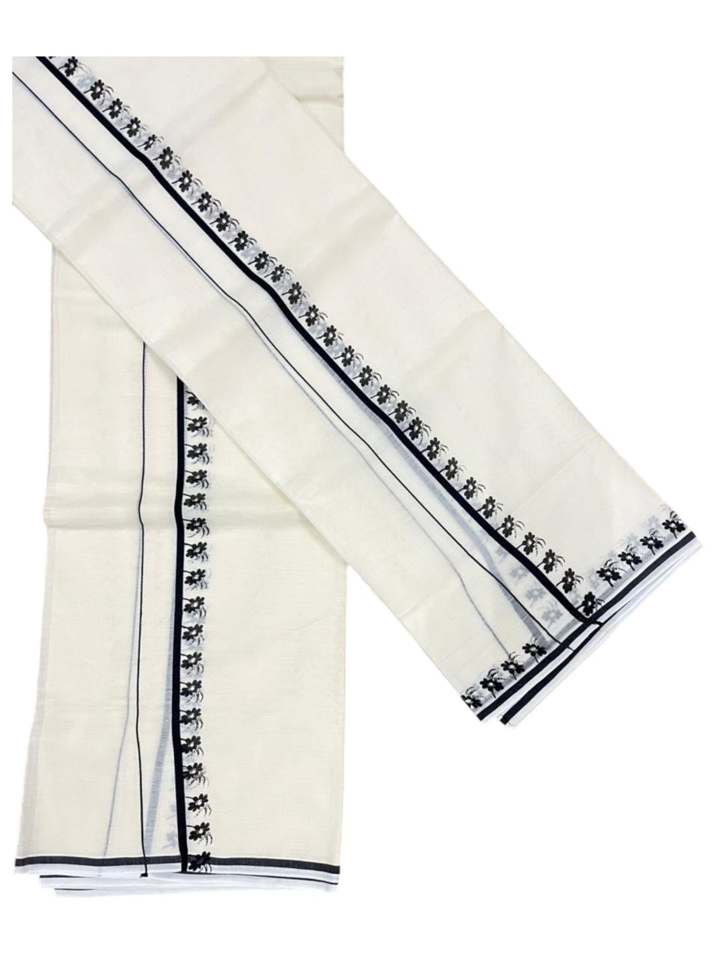 Southloom Pure Cotton Kerala Single Set Mundu (Mundum Neriyathum) with Digital Prints in Black 2.80 Mtrs SL359