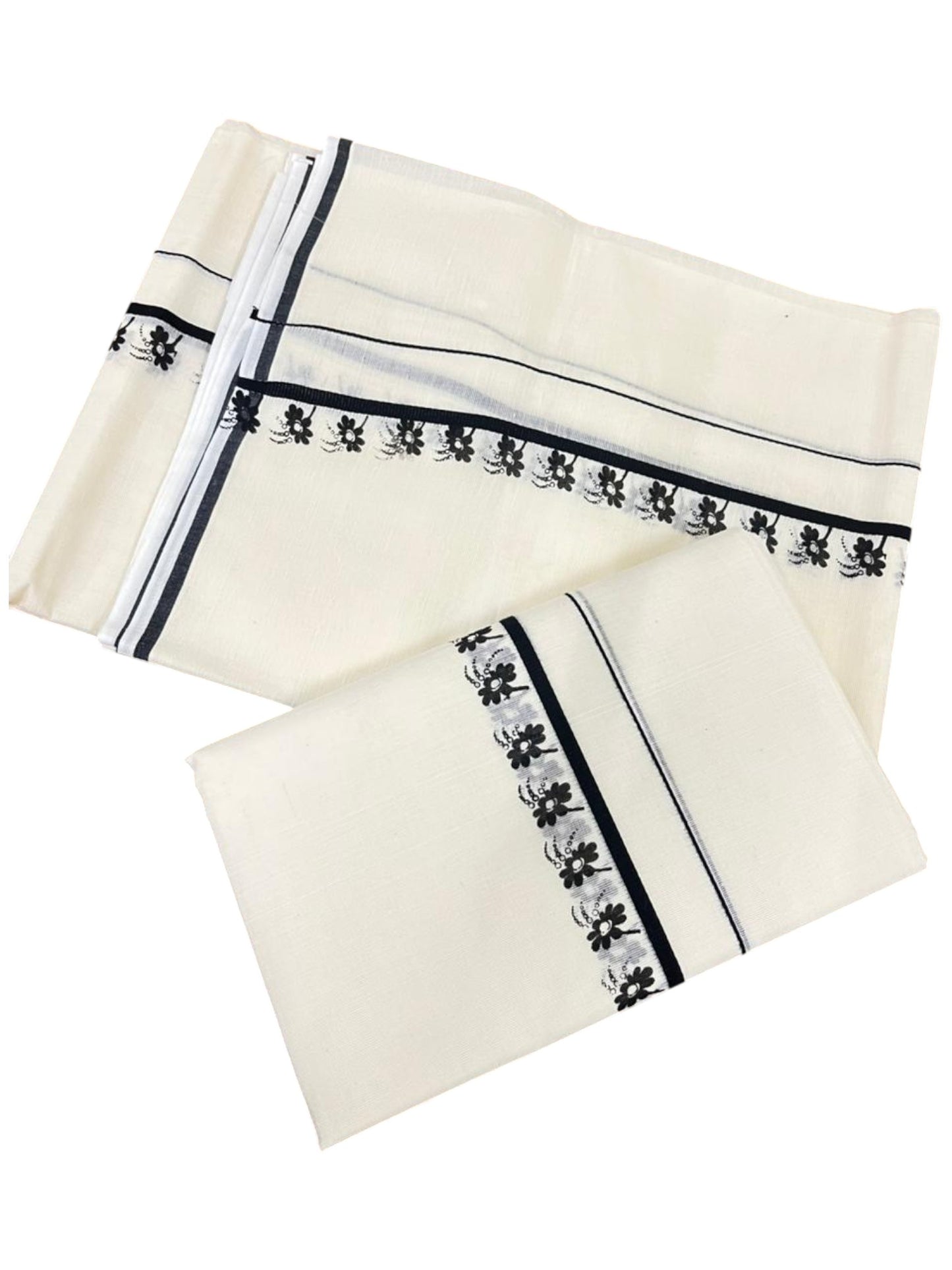 Southloom Pure Cotton Kerala Single Set Mundu (Mundum Neriyathum) with Digital Prints in Black 2.80 Mtrs SL359