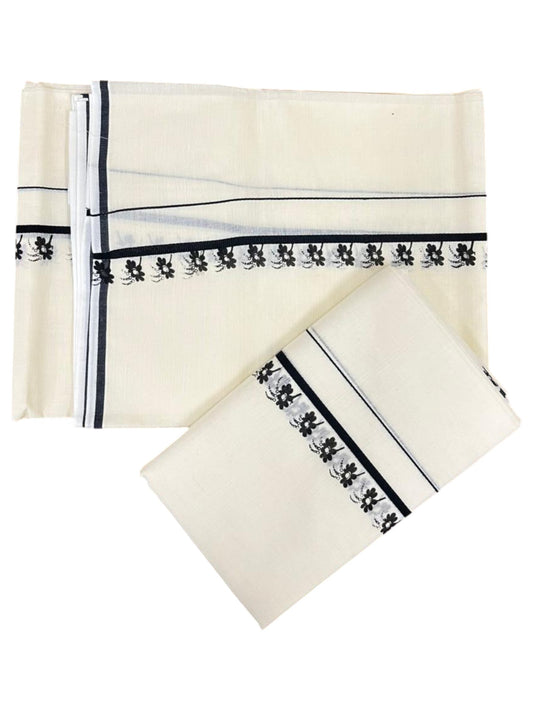 Southloom Pure Cotton Kerala Single Set Mundu (Mundum Neriyathum) with Digital Prints in Black 2.80 Mtrs SL359
