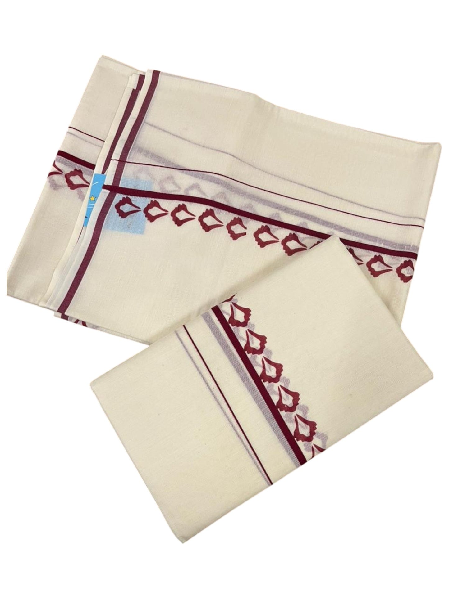 Southloom Pure Cotton Kerala Single Set Mundu (Mundum Neriyathum) with Digital Prints in Maroon 2.80 Mtrs