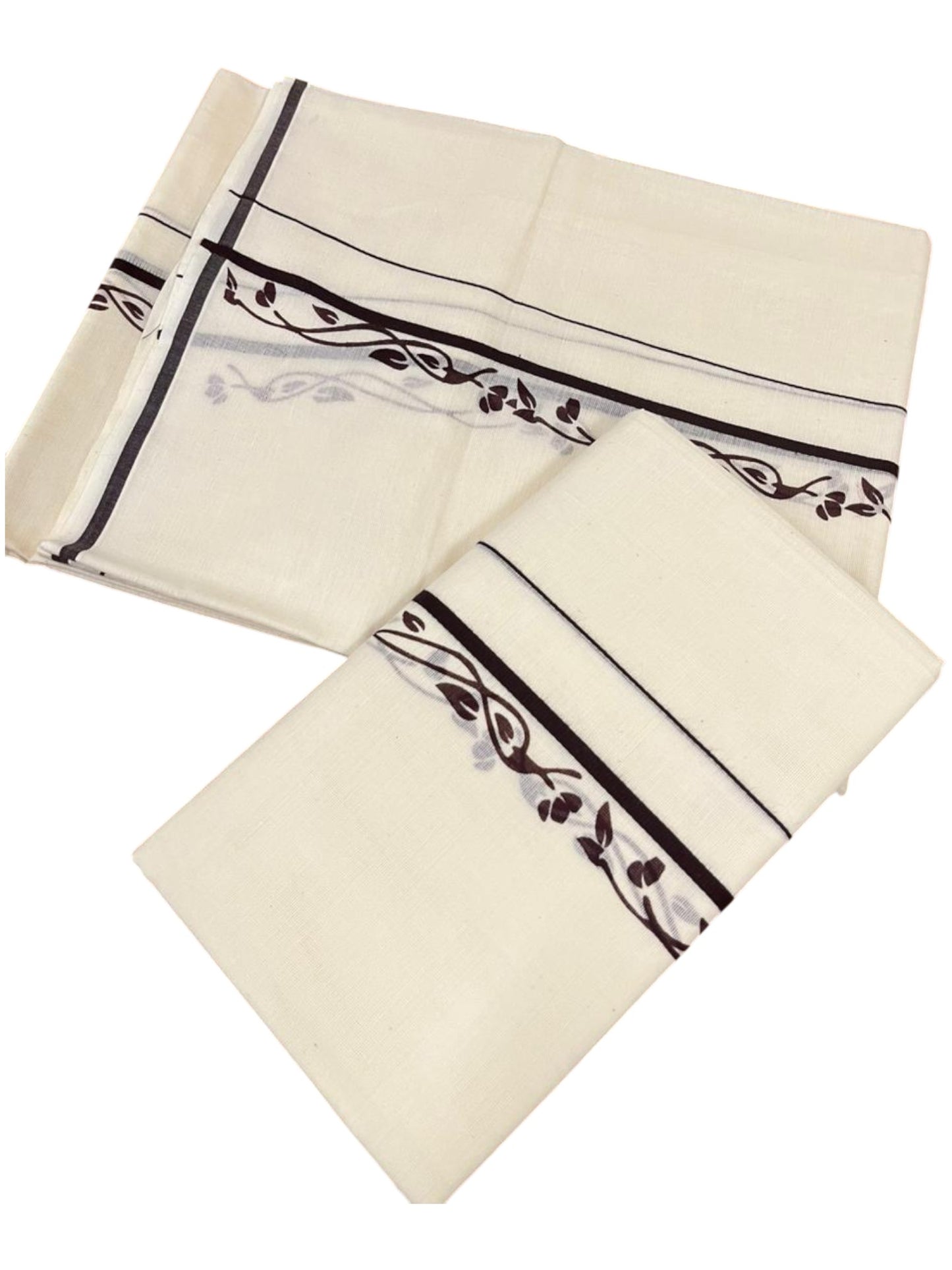 Southloom Pure Cotton Kerala Single Set Mundu (Mundum Neriyathum) with Digital Prints in Brown 2.80 Mtrs SL359