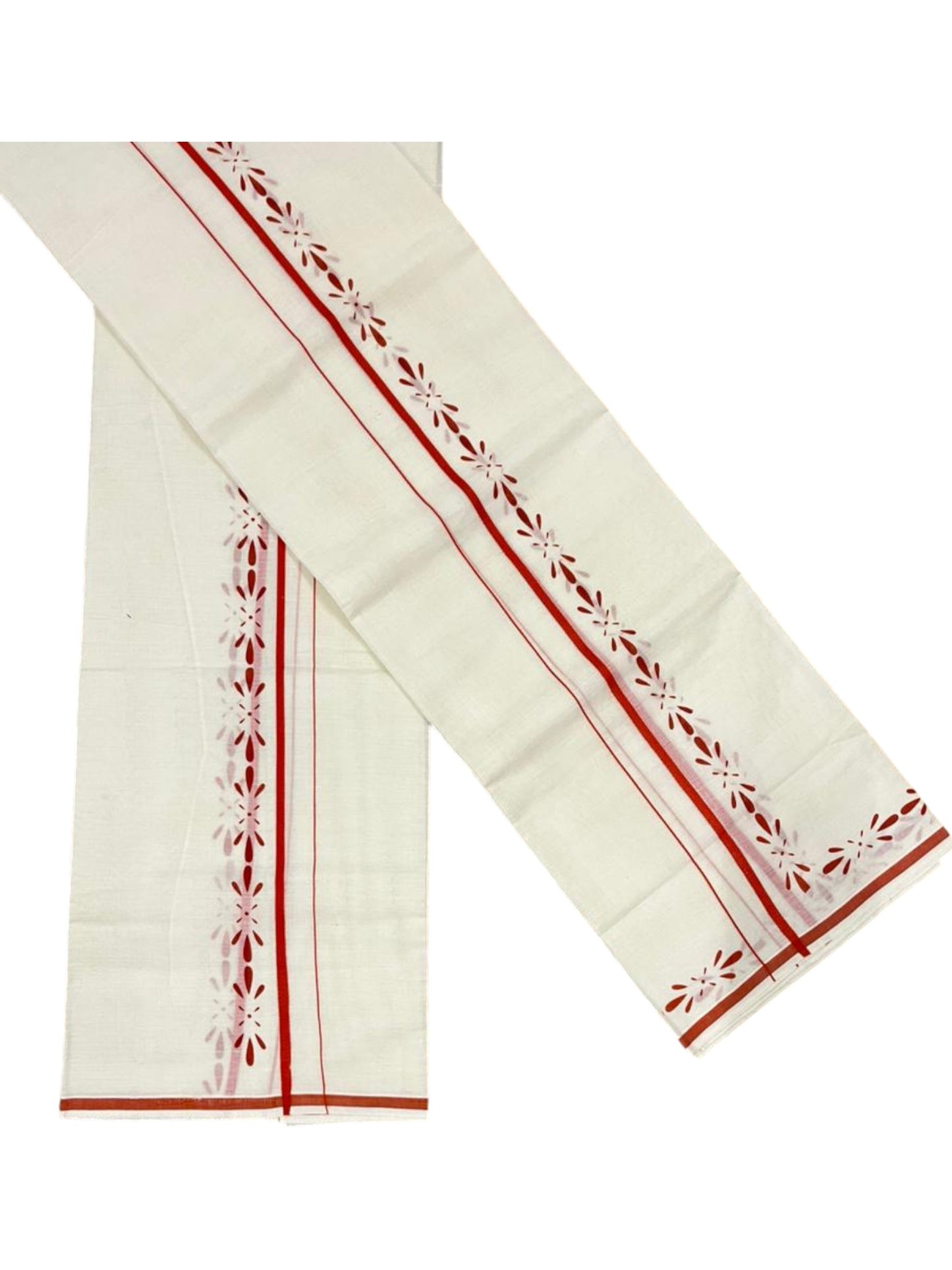 Southloom Pure Cotton Kerala Single Set Mundu (Mundum Neriyathum) with Digital Prints in Orange 2.80 Mtrs SL359