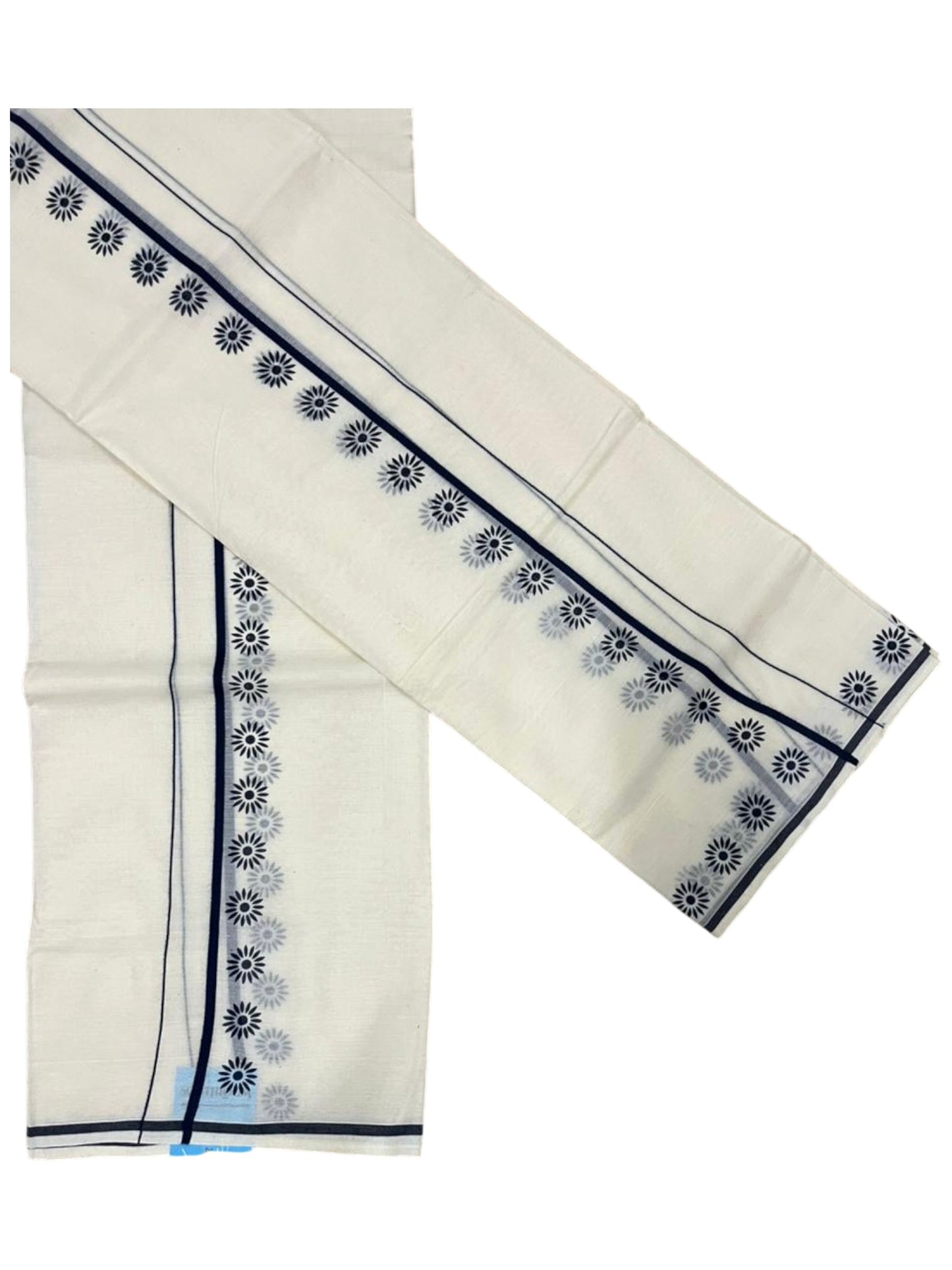 Southloom Pure Cotton Kerala Single Set Mundu (Mundum Neriyathum) with Floral Digital Prints in Blue 2.80 Mtrs SL359
