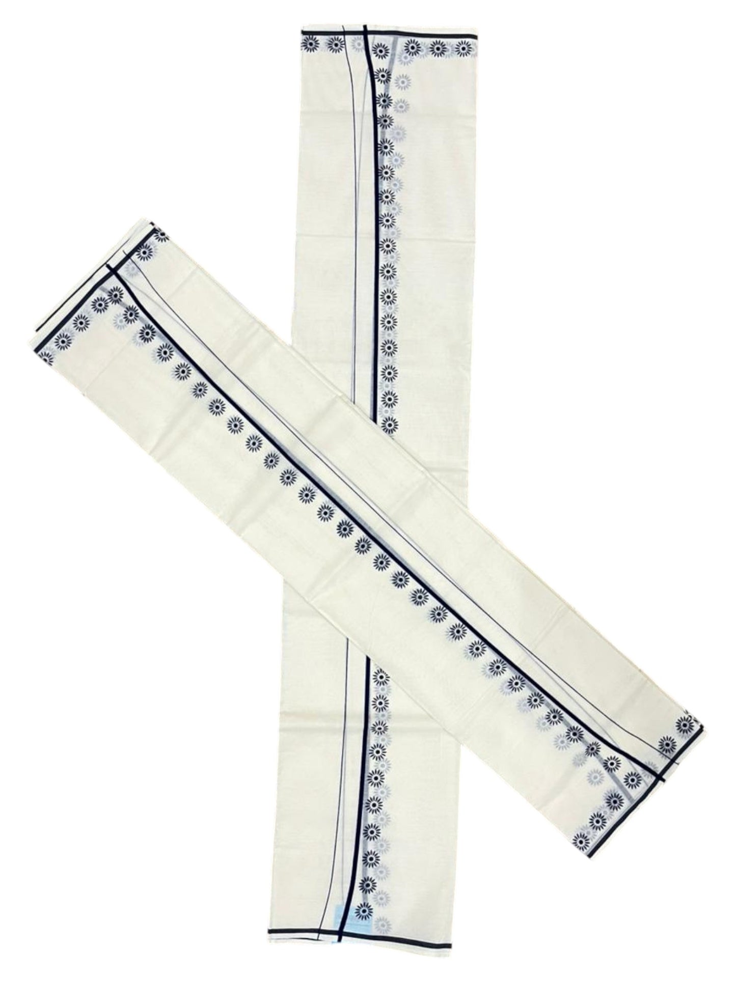 Southloom Pure Cotton Kerala Single Set Mundu (Mundum Neriyathum) with Floral Digital Prints in Blue 2.80 Mtrs SL359