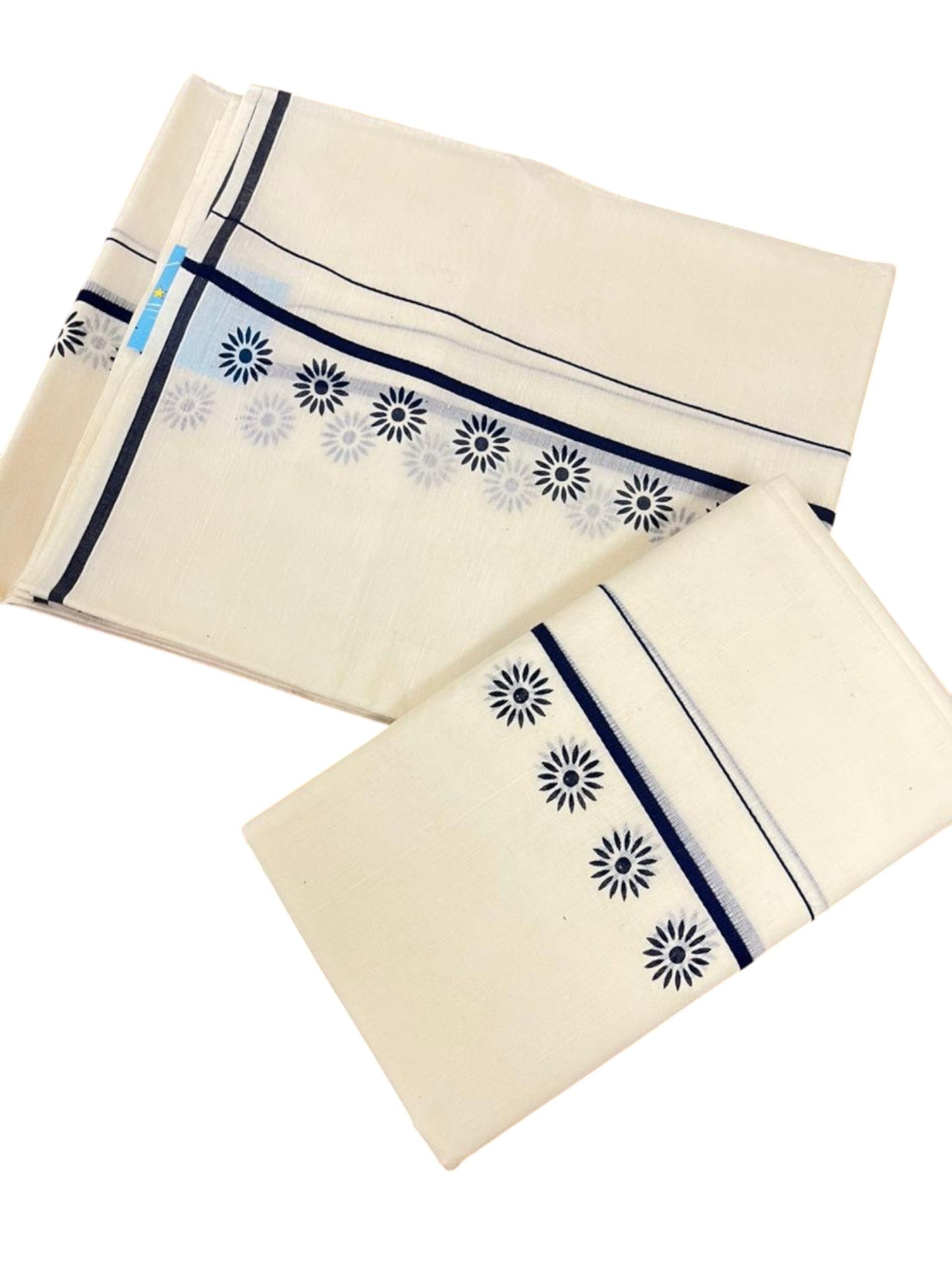 Southloom Pure Cotton Kerala Single Set Mundu (Mundum Neriyathum) with Floral Digital Prints in Blue 2.80 Mtrs SL359