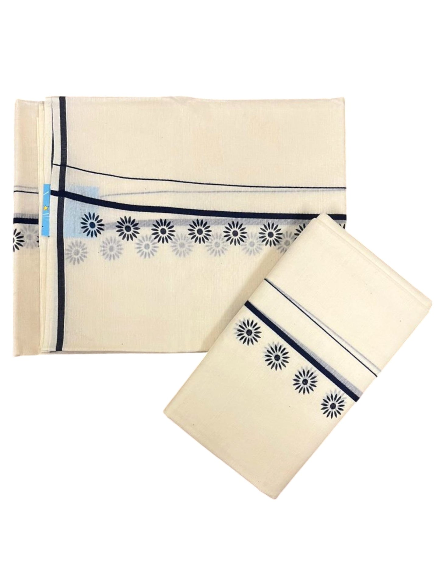 Southloom Pure Cotton Kerala Single Set Mundu (Mundum Neriyathum) with Floral Digital Prints in Blue 2.80 Mtrs SL359