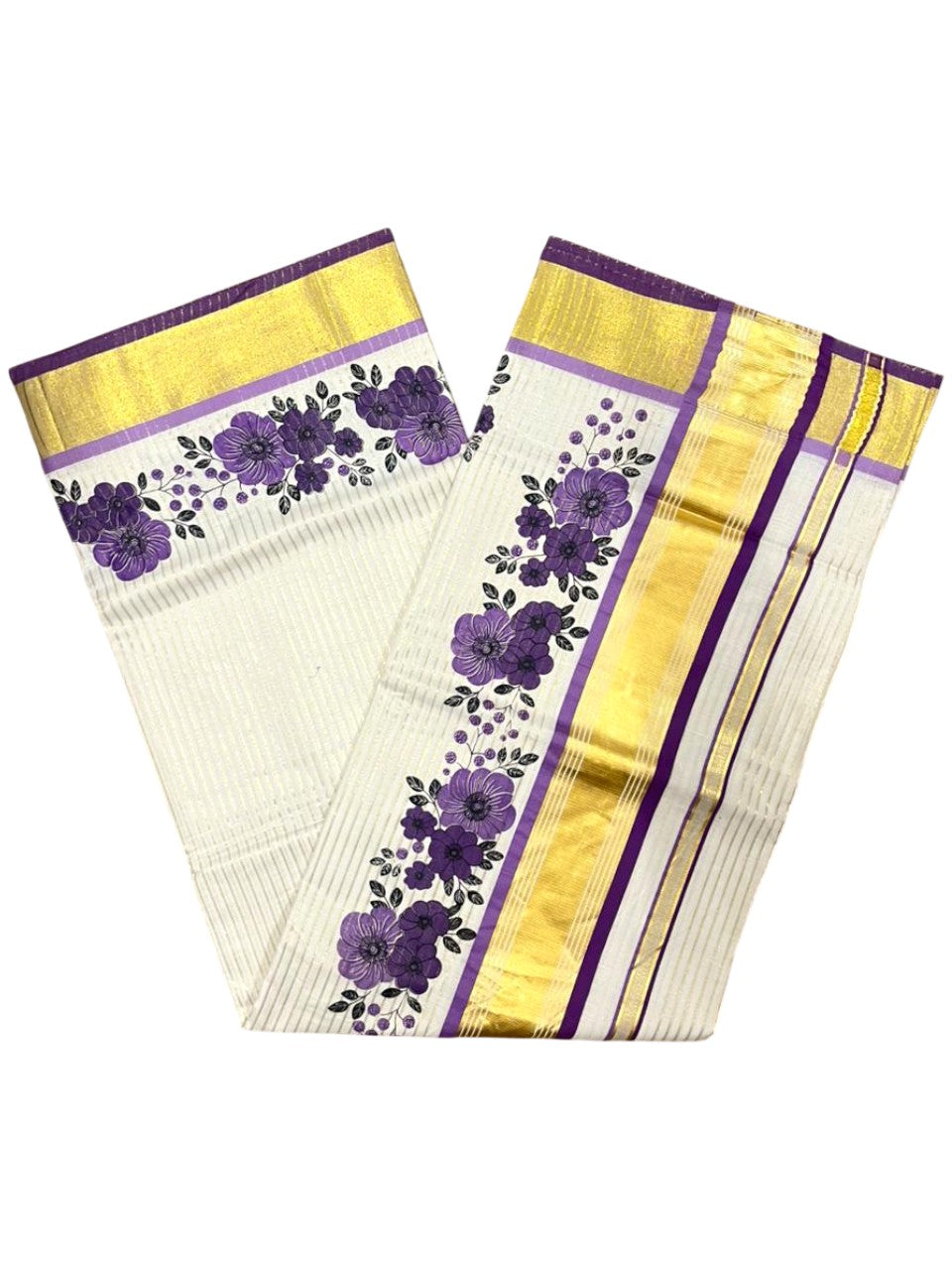 Southloom Kerala Cotton Kasavu Saree with Stripes And Floral Design on Body In Violet Border SL357