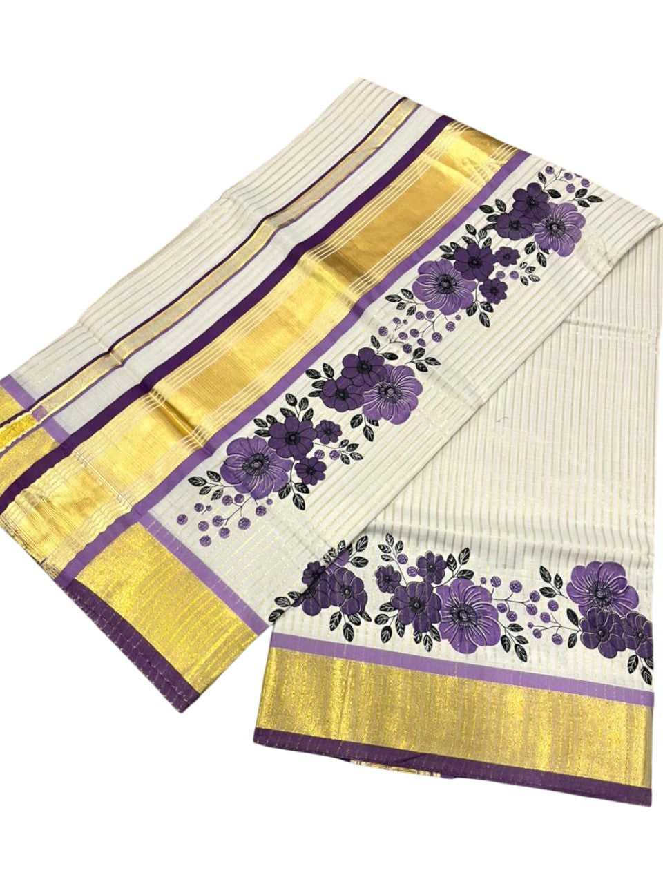 Southloom Kerala Cotton Kasavu Saree with Stripes And Floral Design on Body In Violet Border SL357