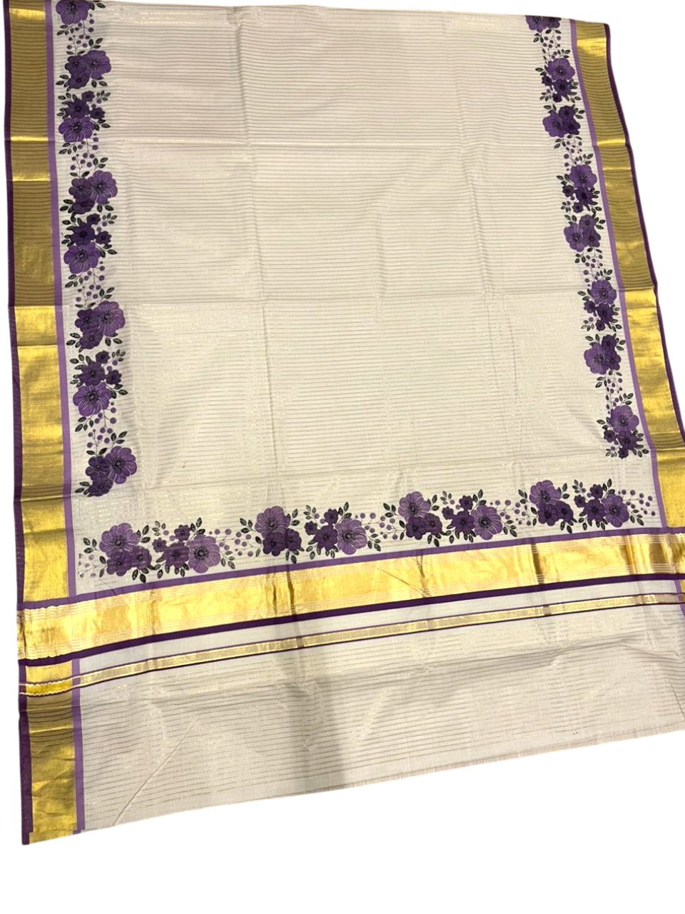 Southloom Kerala Cotton Kasavu Saree with Stripes And Floral Design on Body In Violet Border SL357