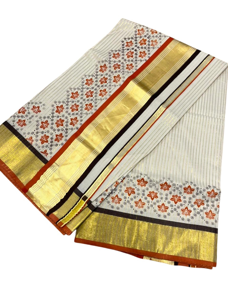 Southloom Kerala Cotton Kasavu Saree with Stripes And Floral Design on Body In Orange Border SL357