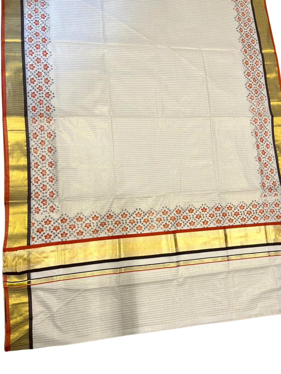 Southloom Kerala Cotton Kasavu Saree with Stripes And Floral Design on Body In Orange Border SL357