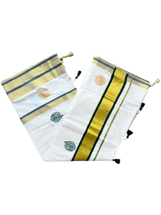 Southloom Pure Cotton Kerala Saree with Digital Print On The Body In Green With Gold Kasavu Border SL367