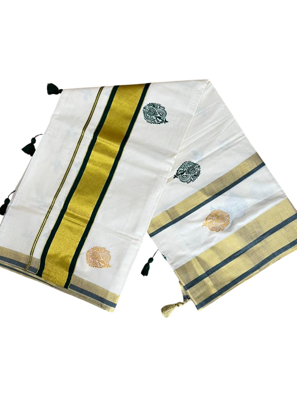 Southloom Pure Cotton Kerala Saree with Digital Print On The Body In Green With Gold Kasavu Border SL367