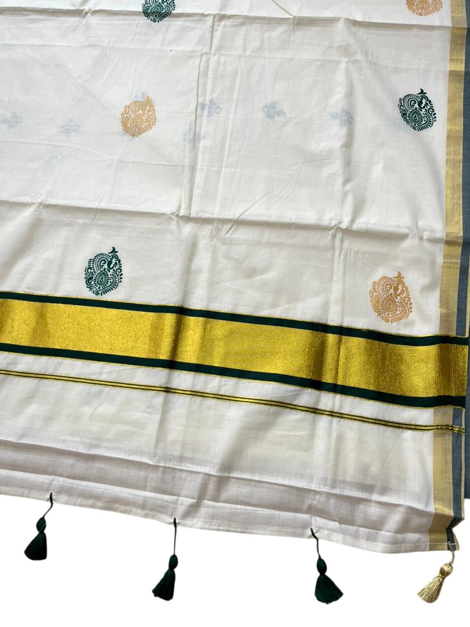 Southloom Pure Cotton Kerala Saree with Digital Print On The Body In Green With Gold Kasavu Border SL367