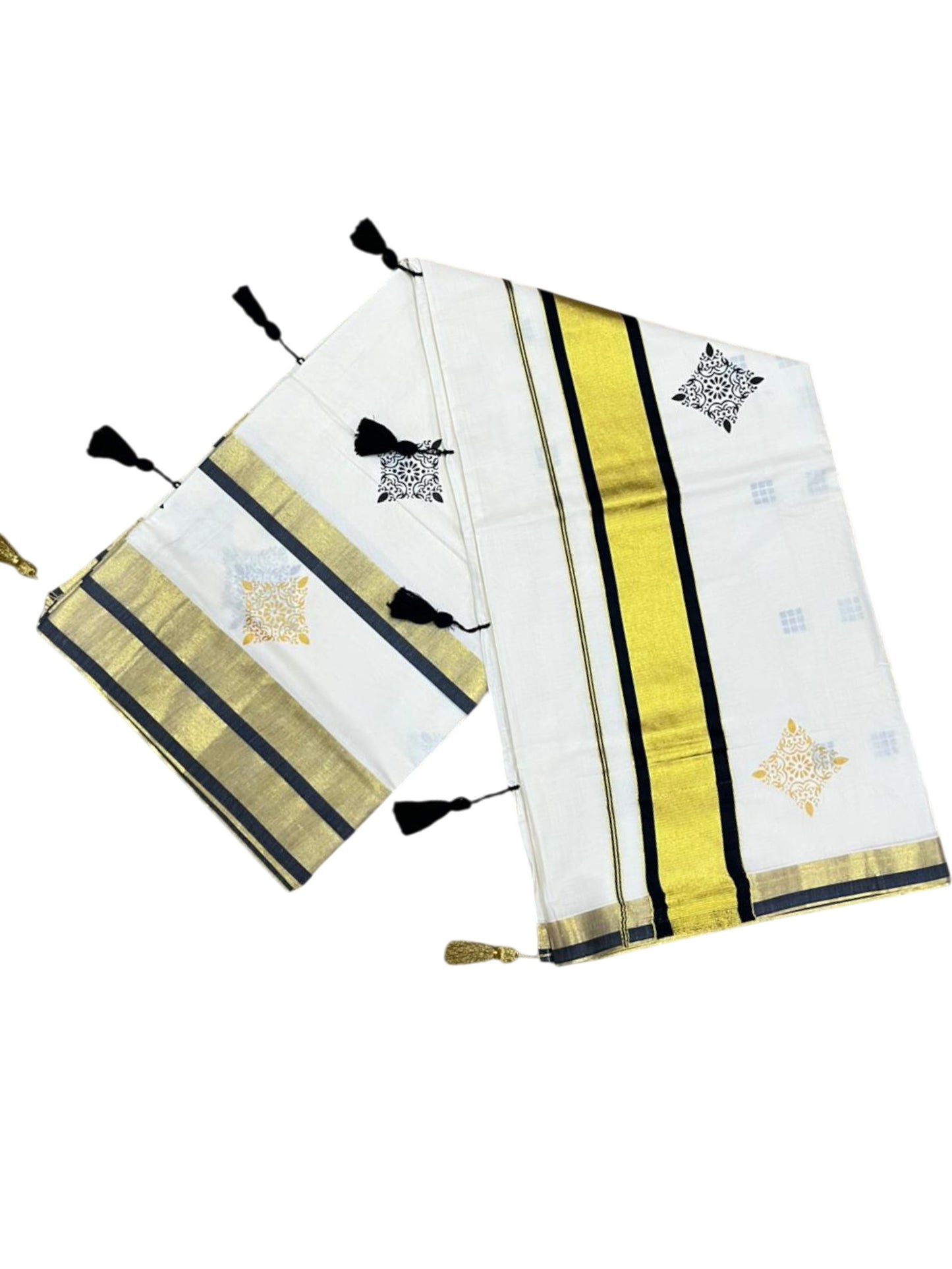 Southloom Pure Cotton Kerala Saree with Digital Print On The Body In Black With Gold Kasavu Border SL367