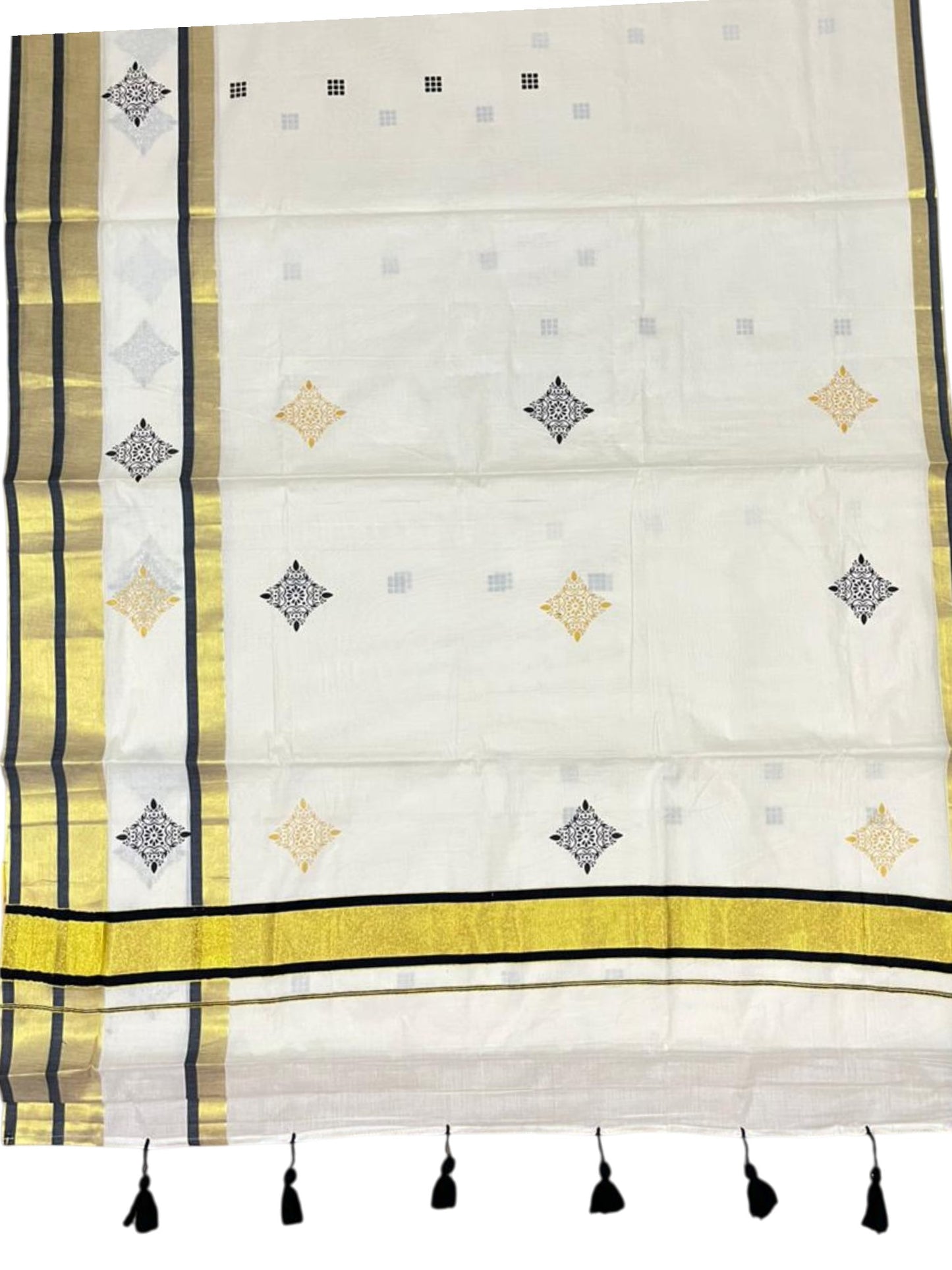 Southloom Pure Cotton Kerala Saree with Digital Print On The Body In Black With Gold Kasavu Border SL367