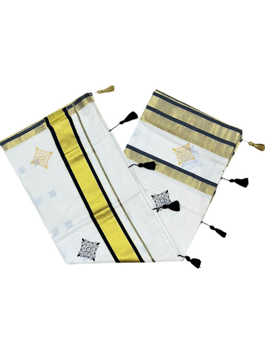Southloom Pure Cotton Kerala Saree with Digital Print On The Body In Black With Gold Kasavu Border SL367