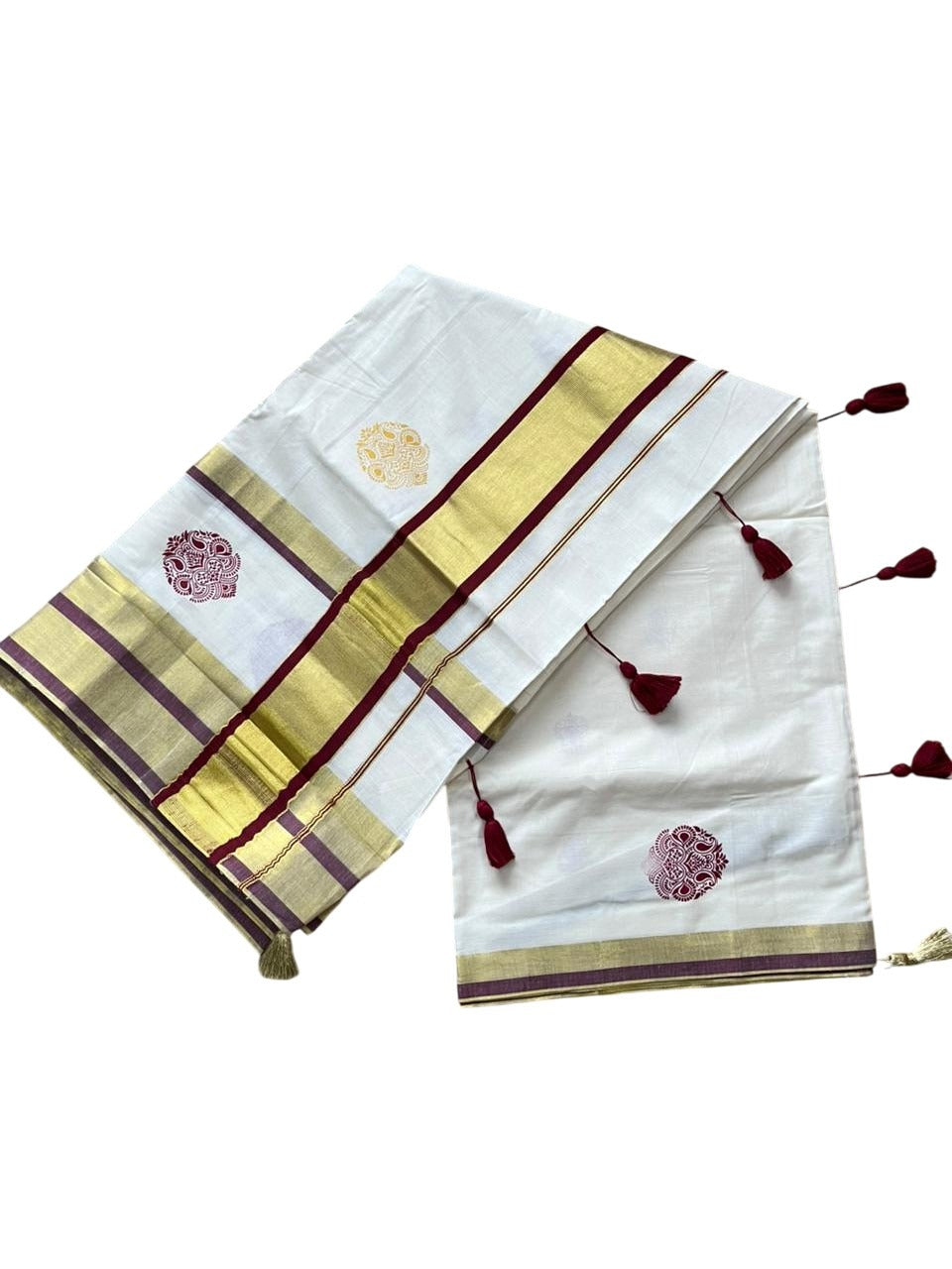 Southloom Pure Cotton Kerala Saree with Digital Print On The Body In Maroon With Gold Kasavu Border SL367
