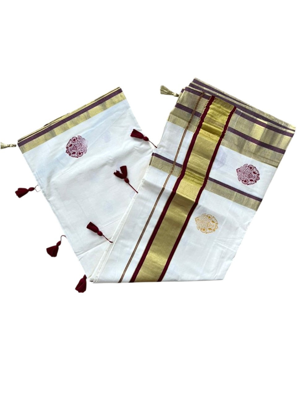 Southloom Pure Cotton Kerala Saree with Digital Print On The Body In Maroon With Gold Kasavu Border SL367