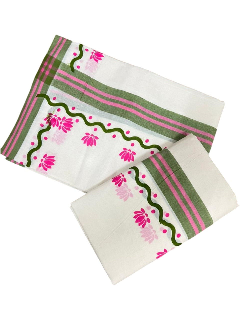 Southloom Pure Cotton Kerala Single Mulloth Set Mundu With Lotus Digital Print in Pink (Mundum Neriyathum) in 2.75 Mtrs SL371