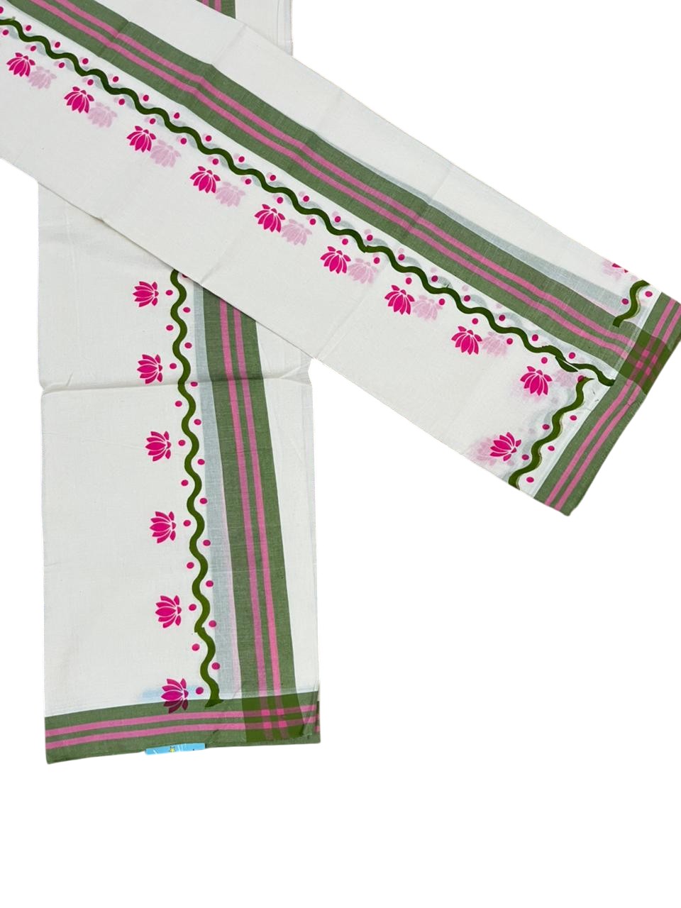 Southloom Pure Cotton Kerala Single Mulloth Set Mundu With Lotus Digital Print in Pink (Mundum Neriyathum) in 2.75 Mtrs SL371
